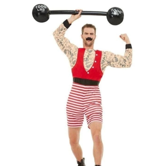 Smiffy's " Deluxe Strong Man "  Costume Short Jumpsuit & Moustache Large - Picture 2 of 3